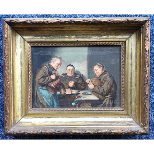 1048 - AFTER EDOUARD VON GRUTZNER: A pair of gilt framed contemporary oils on canvases depicting monks dini... 