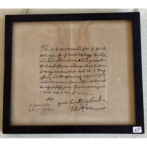 1055 - A framed and glazed handwritten letter signed by Edward Cave (English printer, editor and publisher)... 