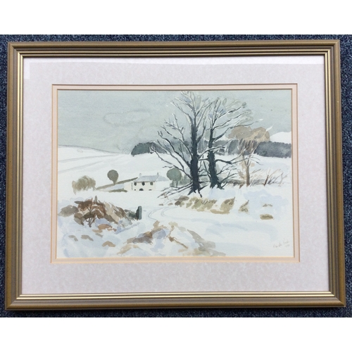 1059 - NEVILLE HICKS: A framed and glazed watercolour depicting a winter scene in the snow. Signed and date... 