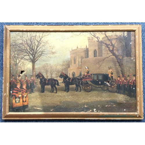 1061 - H WHITTAKER REVILLE: (British, fl. 1881 - 1903): A gilt framed oil on canvas depicting a state carri... 