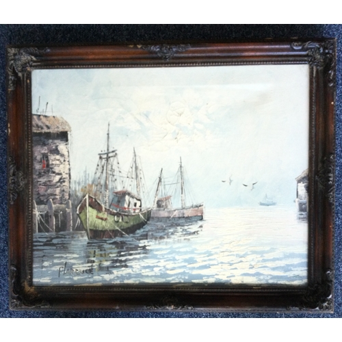 1064 - FLORENCE WILKINS FURST: (American, 1885 - 1955): An ornate wooden framed oil on canvas depicting fis... 