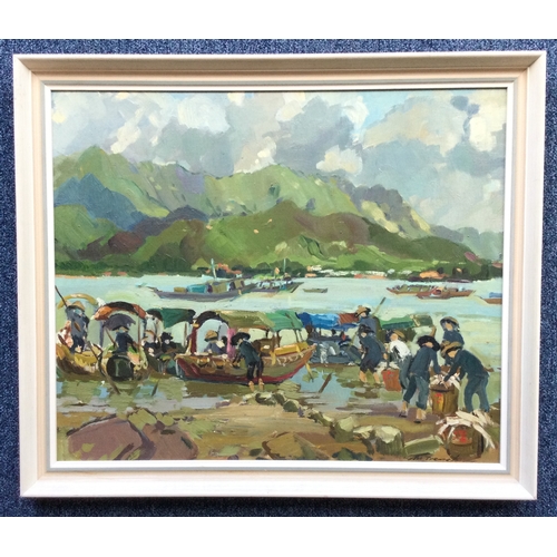 1067 - A framed acrylic on board depicting Oriental fishermen with their boats. Indistinctly signed to bott... 