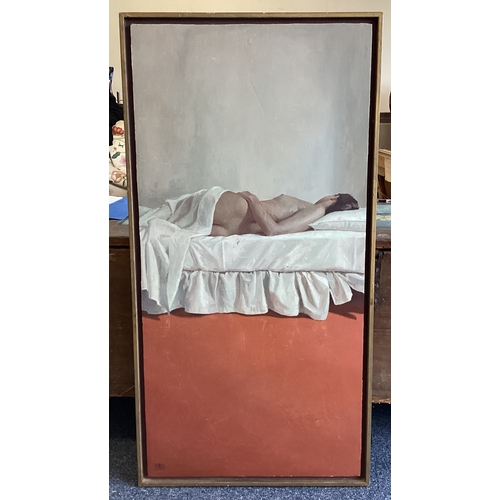 1090 - JORGE IZQUIERDO: (American, 21st Century): A large framed oil on canvas depicting a nude on a bed wi... 