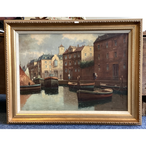 1094 - GUISEPPE VIGANÒ: (Italian, Born 1910): A gilt framed oil on canvas depicting a Rotterdam harbour sce... 