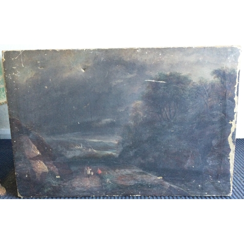 1098 - An unframed oil on canvas depicting a hillside view of a church by a river at dusk. Indistinctly sig... 