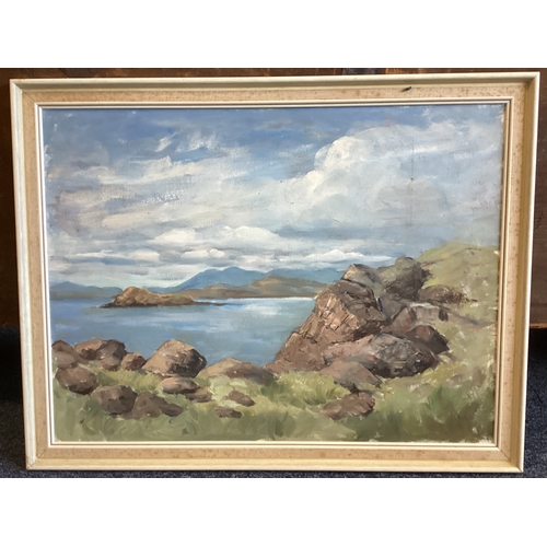 1112 - PEGGY DE BRETT: (British, 20th Century). A framed oil on board depicting a coastal scene. Monogramme... 