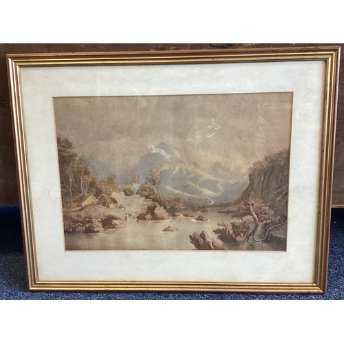 1117 - A gilt framed and glazed watercolour depicting a river scene with cottages, trees and mountains. App... 