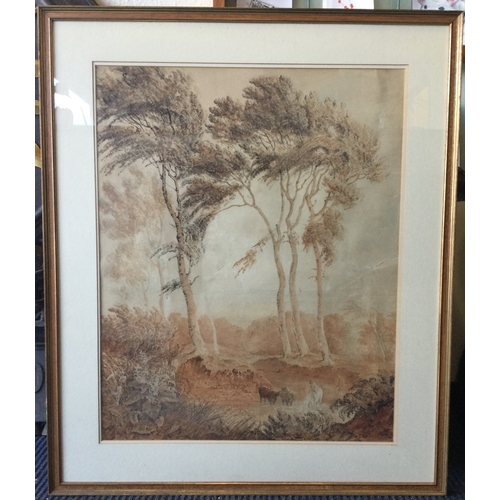 1124 - ENGLISH SCHOOL: A large framed and glazed watercolour depicting trees in a landscape with cattle. Ap... 