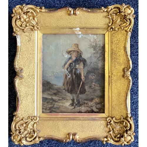 1128 - A gilt framed and glazed watercolour depicting a young child with straw hat and blue shawl out walki... 