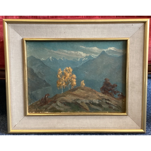 1129 - ENID MAJORIE VALE: (British, 1890 - 1968): A framed and glazed oil on board depicting a mountainous ... 