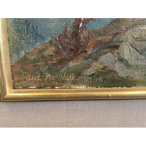 1129 - ENID MAJORIE VALE: (British, 1890 - 1968): A framed and glazed oil on board depicting a mountainous ... 