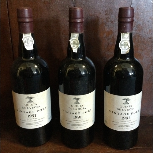 1213 - Three x 75cl bottles of Quinta De La Rosa Vintage Port 1991. Bottled 1993. Est. £30 - £40.