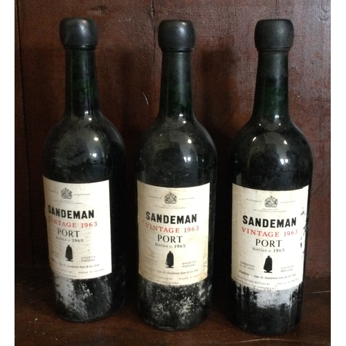 1217 - Three x bottles of Sandeman Vintage 1963 Port. Bottled 1965. Est. £30 - £40.