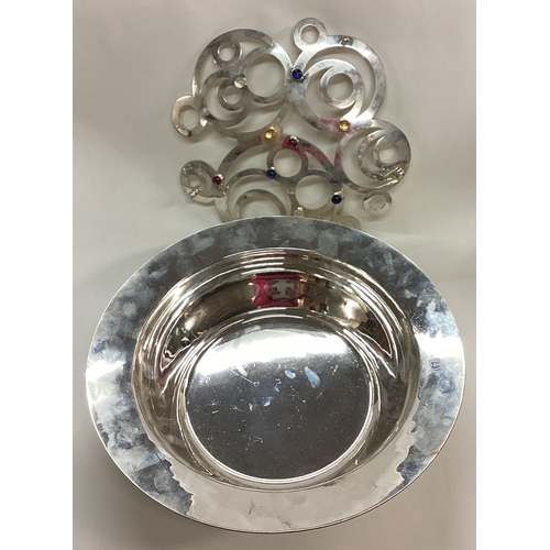 187 - A large contemporary silver bowl with pierced cover and set with gemstones. Marked to body and part ... 