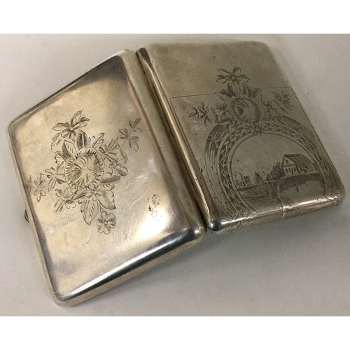 222 - A heavy 20th Century Russian silver cigar case engraved with village scene. Marked inside. Approx. 1... 