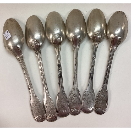 312 - A fine set of six 18th Century French silver spoons with coat of arms to bases. Approx. 179 grams. E... 