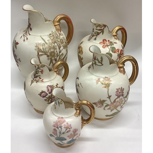 637 - A good set of five Royal Worcester gilt ewers. Est. £80 - £120.