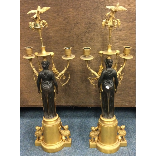 639 - A fine pair of bronze candlesticks in the form of figures with swag decoration and bird finials. Est... 