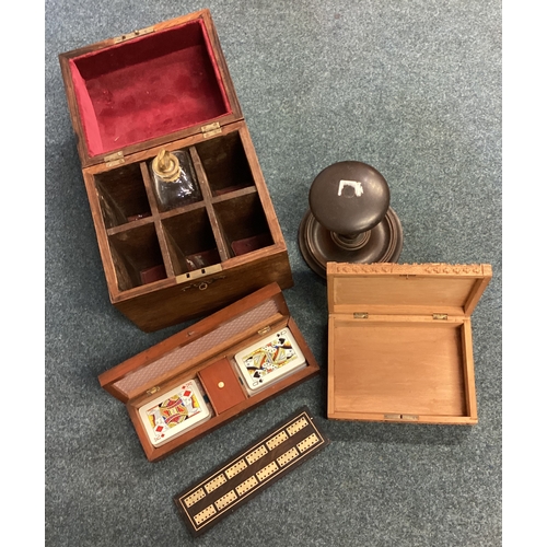 666 - Two rosewood cribbage boards together with a domed top caddy. Est. £20 - £30.