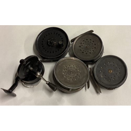 708 - Three Hardy Brother fly fishing reels together with two others. Est. £30 - £50.