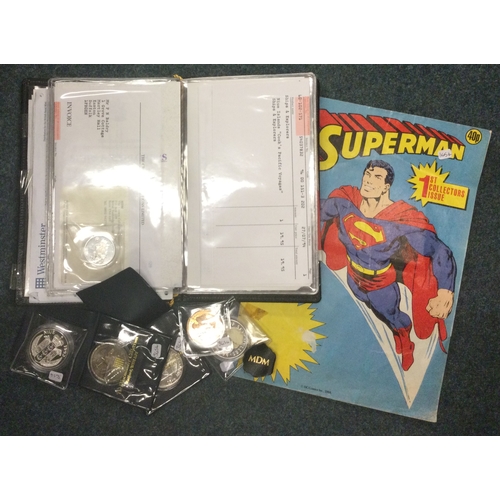 757 - A collection of Royal Mint Proof coins together with a Superman comic. Est. £20 - £30.