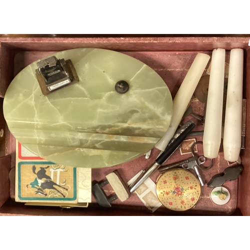 834 - A box containing an onyx inkwell, stopwatch etc. Est. £20 - £30.