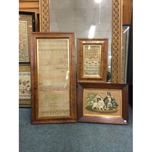 875 - Two good maple framed samplers together with one other. Est. £60 - £80.