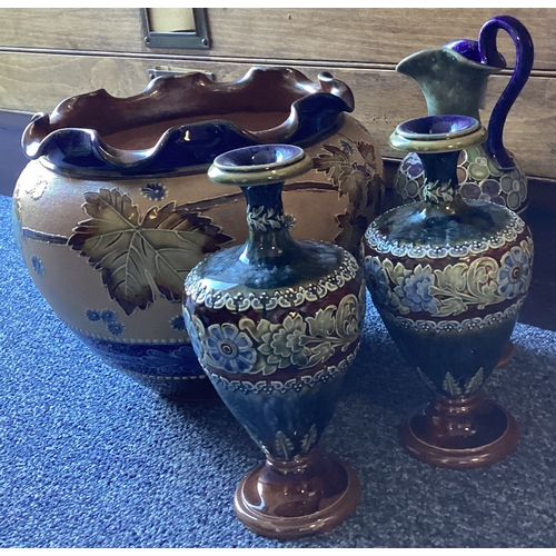 950 - A pair of Royal Doulton vases together with a ewer and a jardinière. Est. £25 - £30.