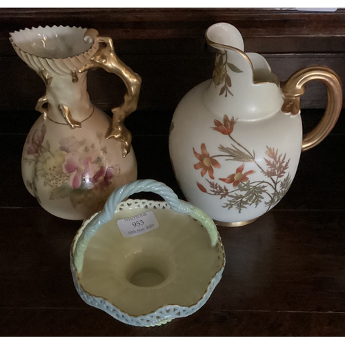 953 - Two Royal Worcester ewers with gilded decoration together with a bon bon dish. Est. £30 - £50.