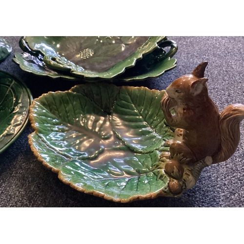 958 - A good Minton nut dish mounted with a squirrel together with Majolica ware etc. Est. £30 - £40.