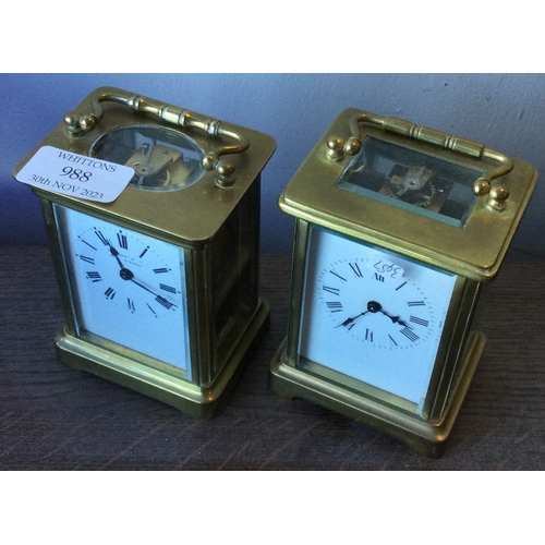 988 - Two brass carriage clocks with white enamelled dial. Est. £50 - £80.