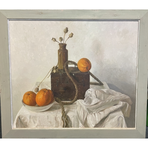 1130 - ARTHUR EASTON: (British. Born 1939): A large framed oil on board entitled, 'Still Life with Box, Rop... 