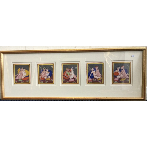 1133 - A selection of five miniature watercolours on card forming a gilt framed and glazed picture depictin... 