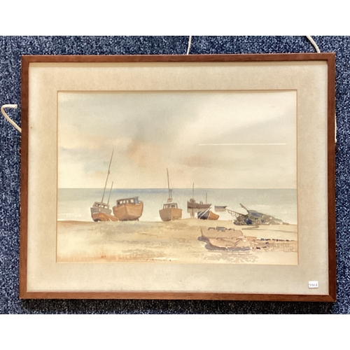 1148 - MARK GIBBONS: (20th Century): A framed and glazed watercolour depicting fishing boats beached by the... 