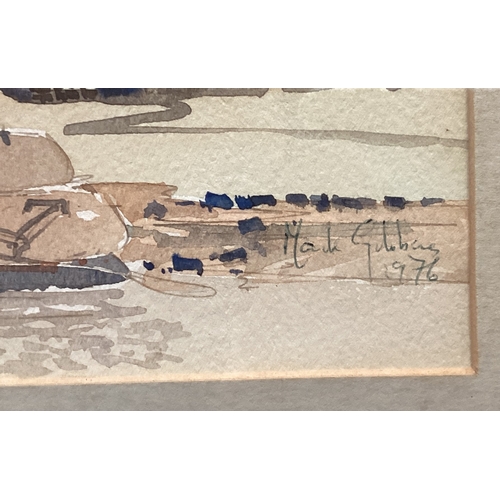 1148 - MARK GIBBONS: (20th Century): A framed and glazed watercolour depicting fishing boats beached by the... 