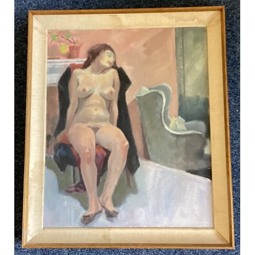 1014 - A framed acrylic on canvas depicting a seated nude. Apparently unsigned. Approx. 49 cms x 59.5 cms. ... 