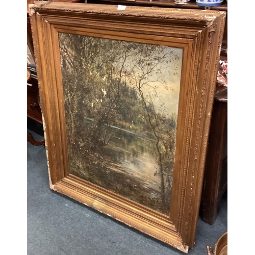 1108 - ROBERT MORLEY: (British, 1857 - 1941): A large gilt framed oil on canvas depicting a riverside scene... 