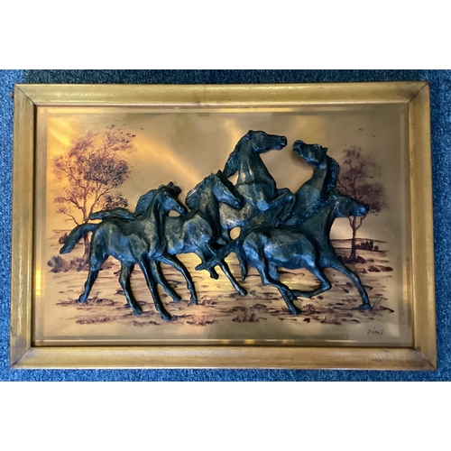 1195 - DIMI'S ART LTD: A three dimensional copper wall plate. Signed to bottom right. Approx. 58.5 cms x 37... 