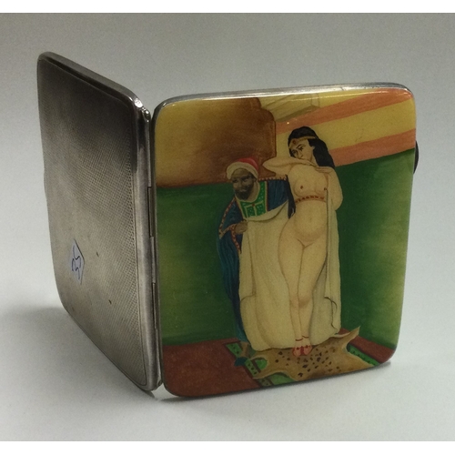 35 - A silver and enamelled cigarette case depicting an erotic scene. Birmingham 1933. Approx. 84 grams. ... 