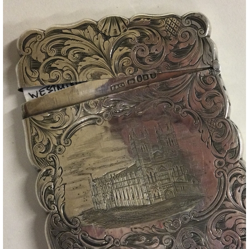 382 - A Victorian engraved silver castle top card case depicting Westminster Abbey. Birmingham 1850. By Fo... 