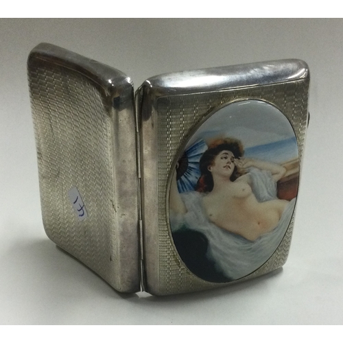 41 - A silver and enamelled cigarette case depicting an erotic scene. Birmingham 1929. By Joseph Gloster ... 