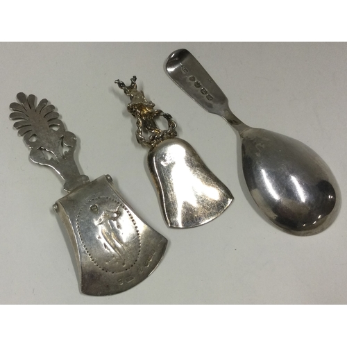 136 - Two silver caddy spoons, London 1832 and Chester 1906, together with an Italian caddy spoon in the f... 