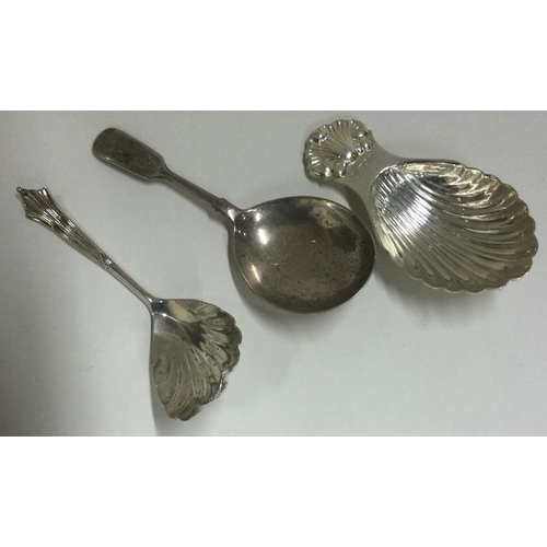 229 - Three silver caddy spoons. London 1890 by GMJ, 1902 by RS and Sheffield 1976 by FH. Approx. 52 grams... 