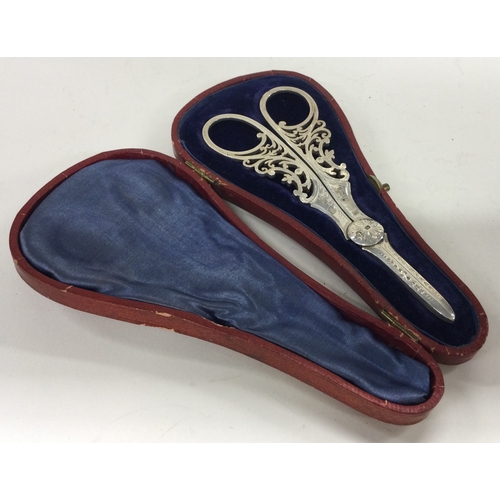 256 - A cased pair of silver grape scissors. Sheffield 1906. By TL. Approx. 61 grams. Est. £200 - £300.