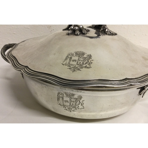 364 - A large French silver entrée dish and cover bearing central armorial to centre. Circa 1850.  Approx.... 