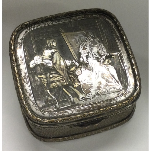 404 - A French silver plated snuff box engraved with scenes. Circa 1800. Est. £100 - £150.