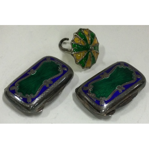 70 - Two Italian silver and enamelled pill boxes together with a plique-à-jour parasol. Approx. 55 grams.... 