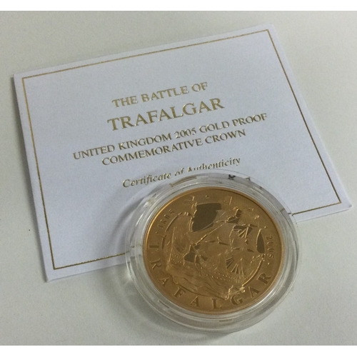 845 - A Proof £5 'Battle of Trafalgar' 22 carat gold coin 2005. Approx. 39.94 grams. Est. £2000 - £2500.