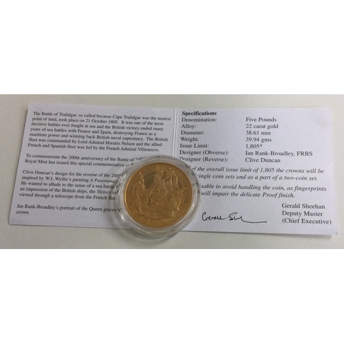 845 - A Proof £5 'Battle of Trafalgar' 22 carat gold coin 2005. Approx. 39.94 grams. Est. £2000 - £2500.