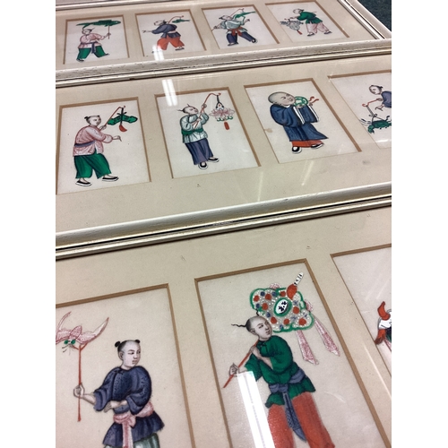 212 - A good set of three rectangular framed and glazed Chinese silks decorated in bright colours. Est. £5... 